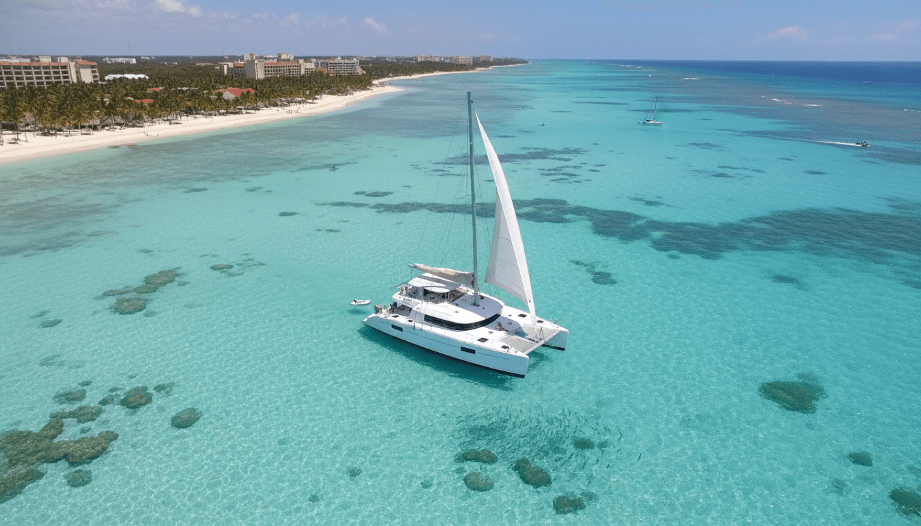 Aerial view of a catamaran sailing through turquoise Caribbean waters near Punta Cana